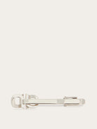 Close-up of cut-out logo detail on Ferragamo silver-tone tiepin