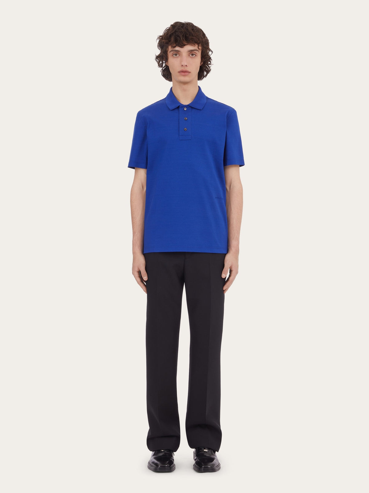 Bluette Salvatore Ferragamo pique polo, close-up of pointed collar and texture