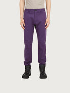 Purple Salvatore Ferragamo sport trousers, side view showing slim cut