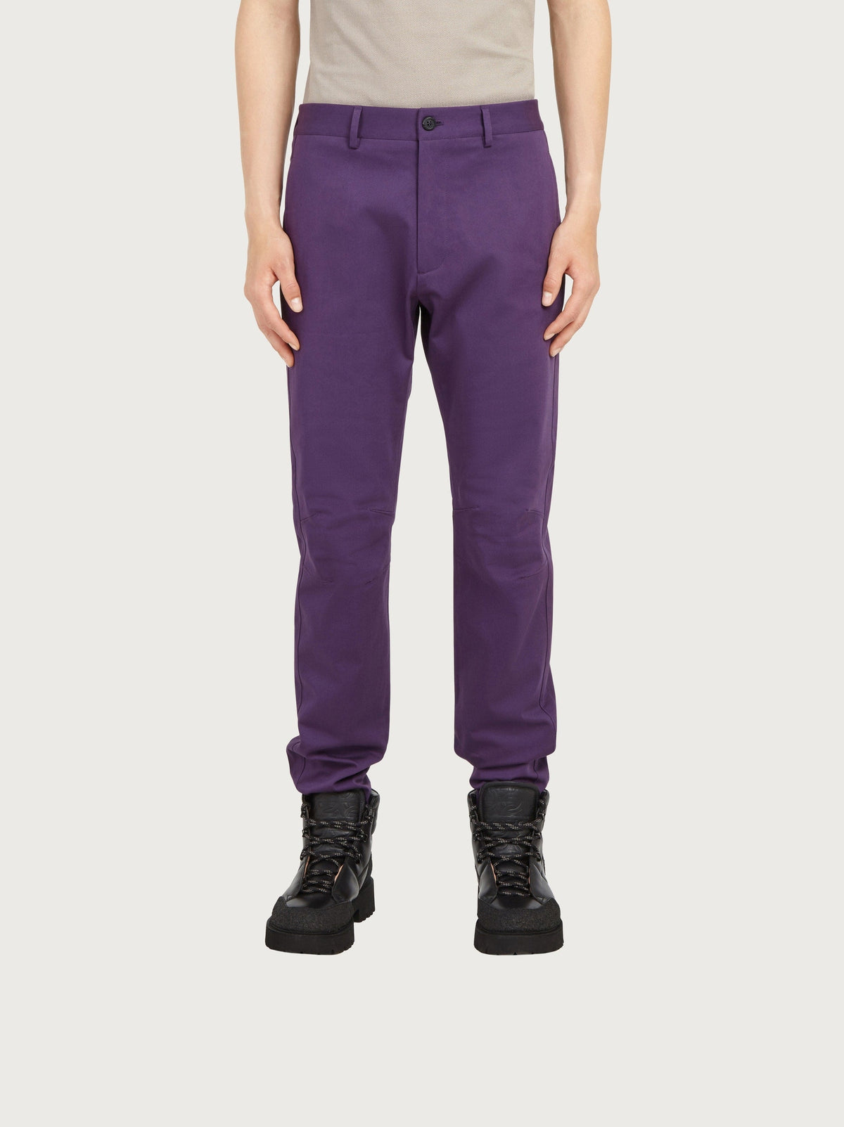 Purple Salvatore Ferragamo sport trousers, side view showing slim cut