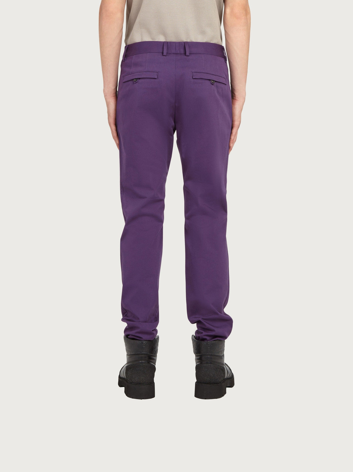 Purple Salvatore Ferragamo sport trousers, detail of button waistband closure