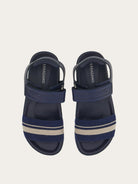 Blue Salvatore Ferragamo Day Res sandal showing hook-and-loop ankle strap, top view