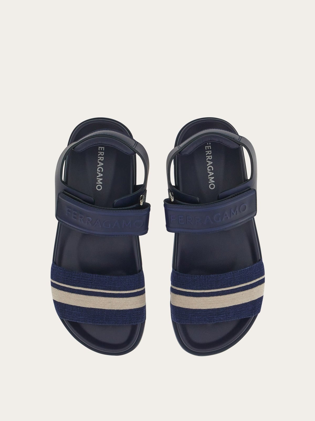 Blue Salvatore Ferragamo Day Res sandal showing hook-and-loop ankle strap, top view