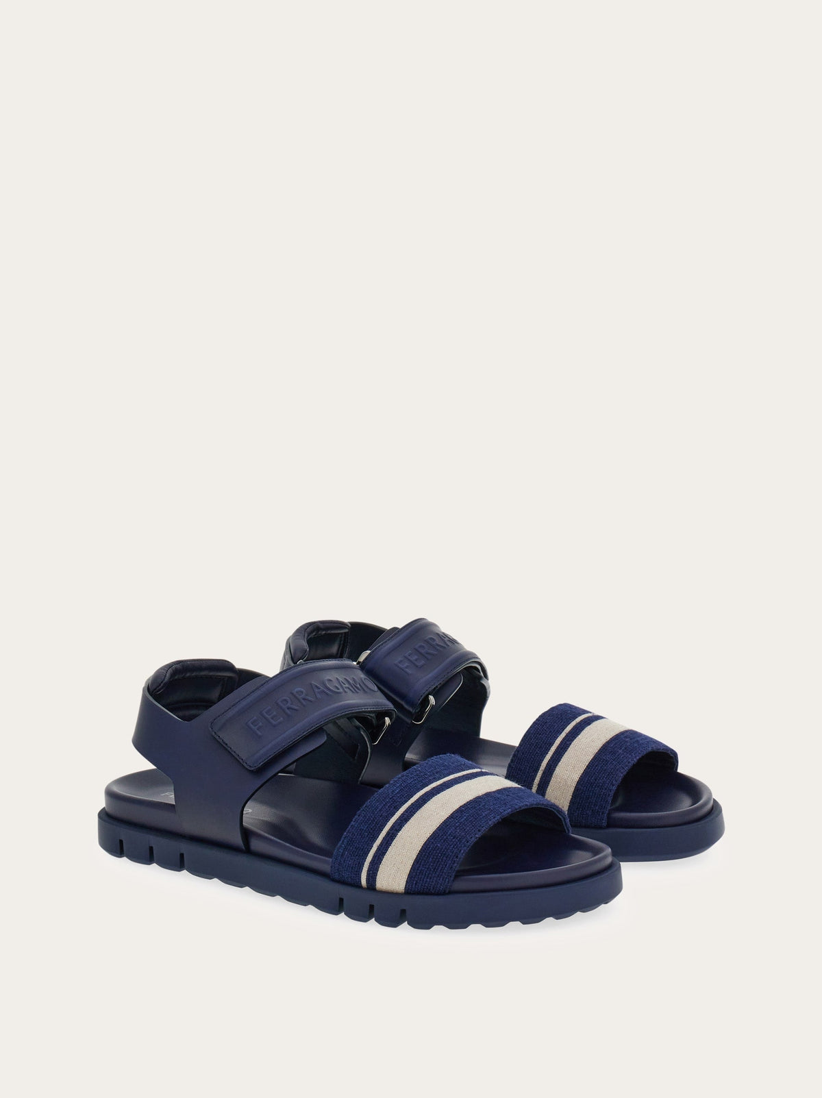 Blue Salvatore Ferragamo Day Res sandal detail of striped toe band, front view