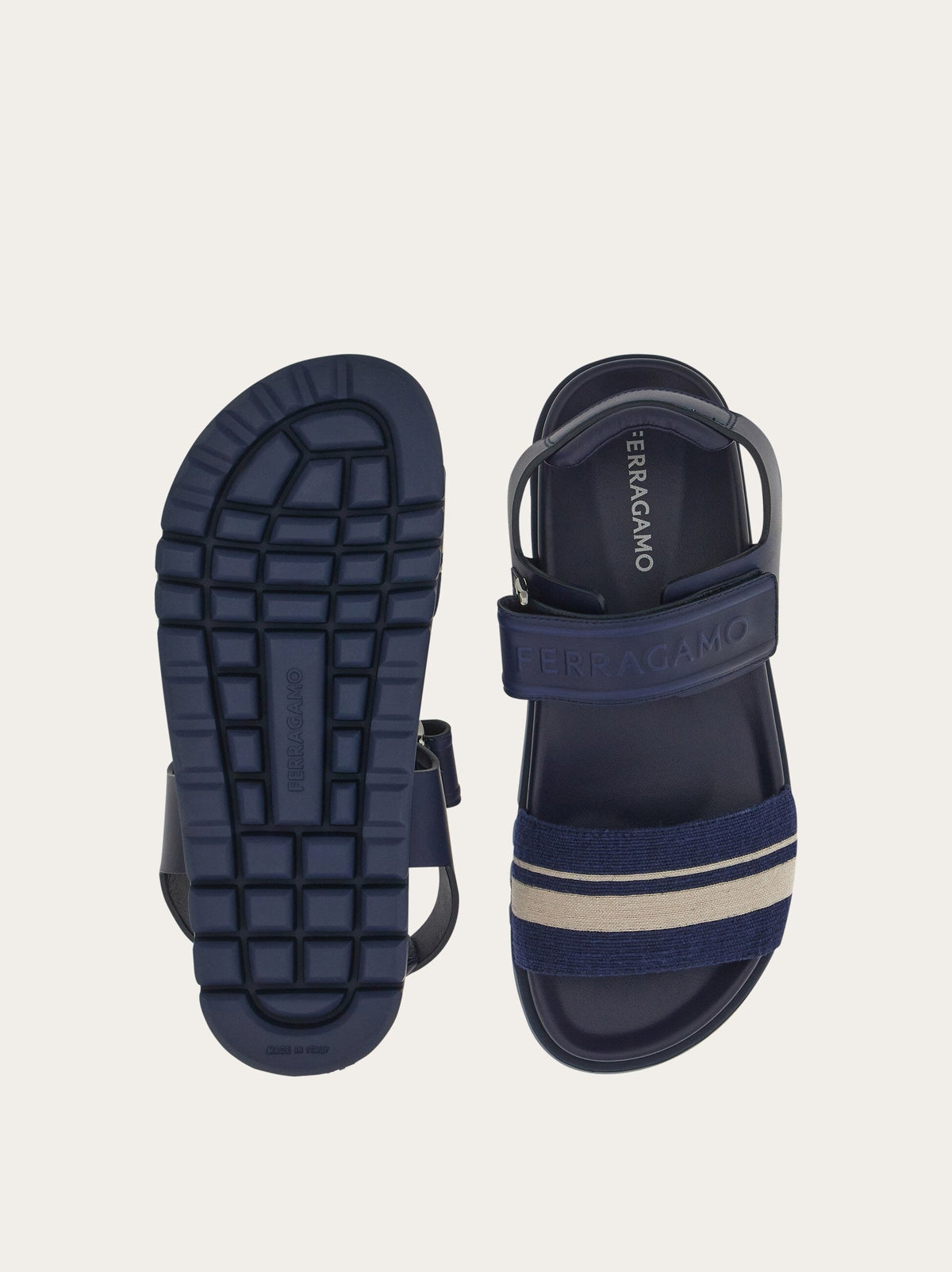 Blue Salvatore Ferragamo Day Res sandal showing adjustable strap, rear view