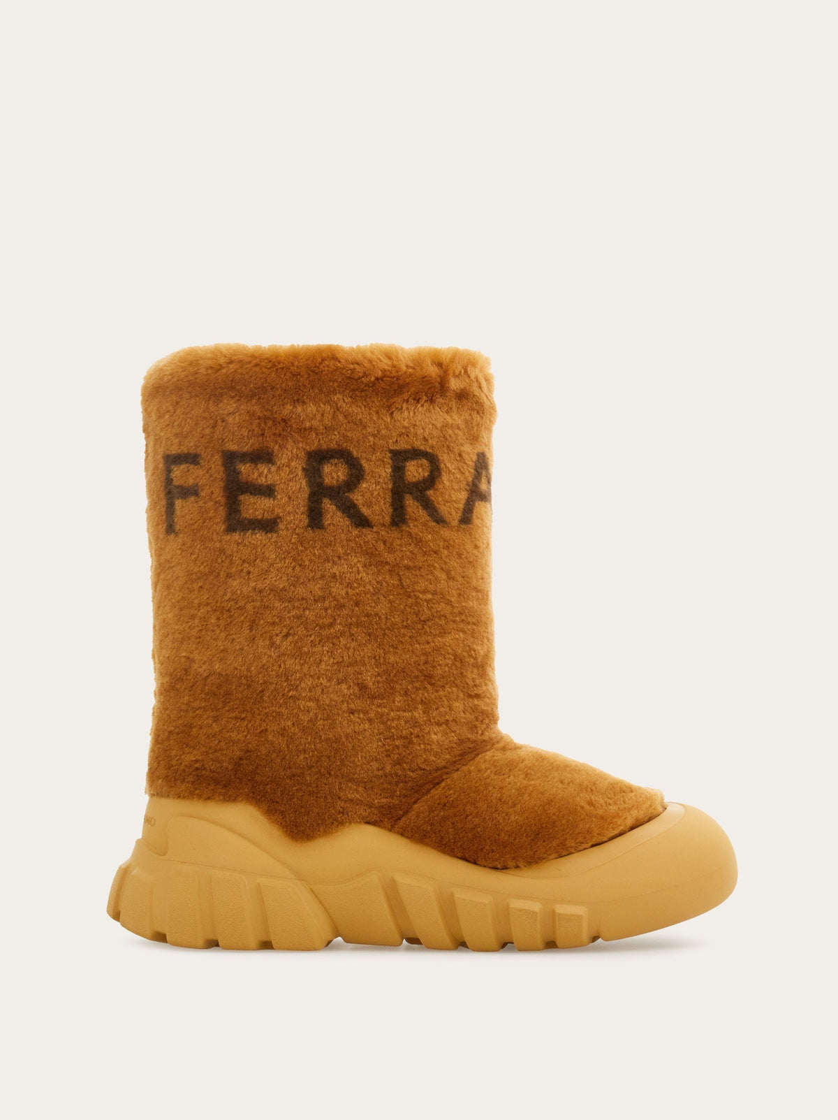 Medium brown shearling Delphi boot by Salvatore Ferragamo, side view