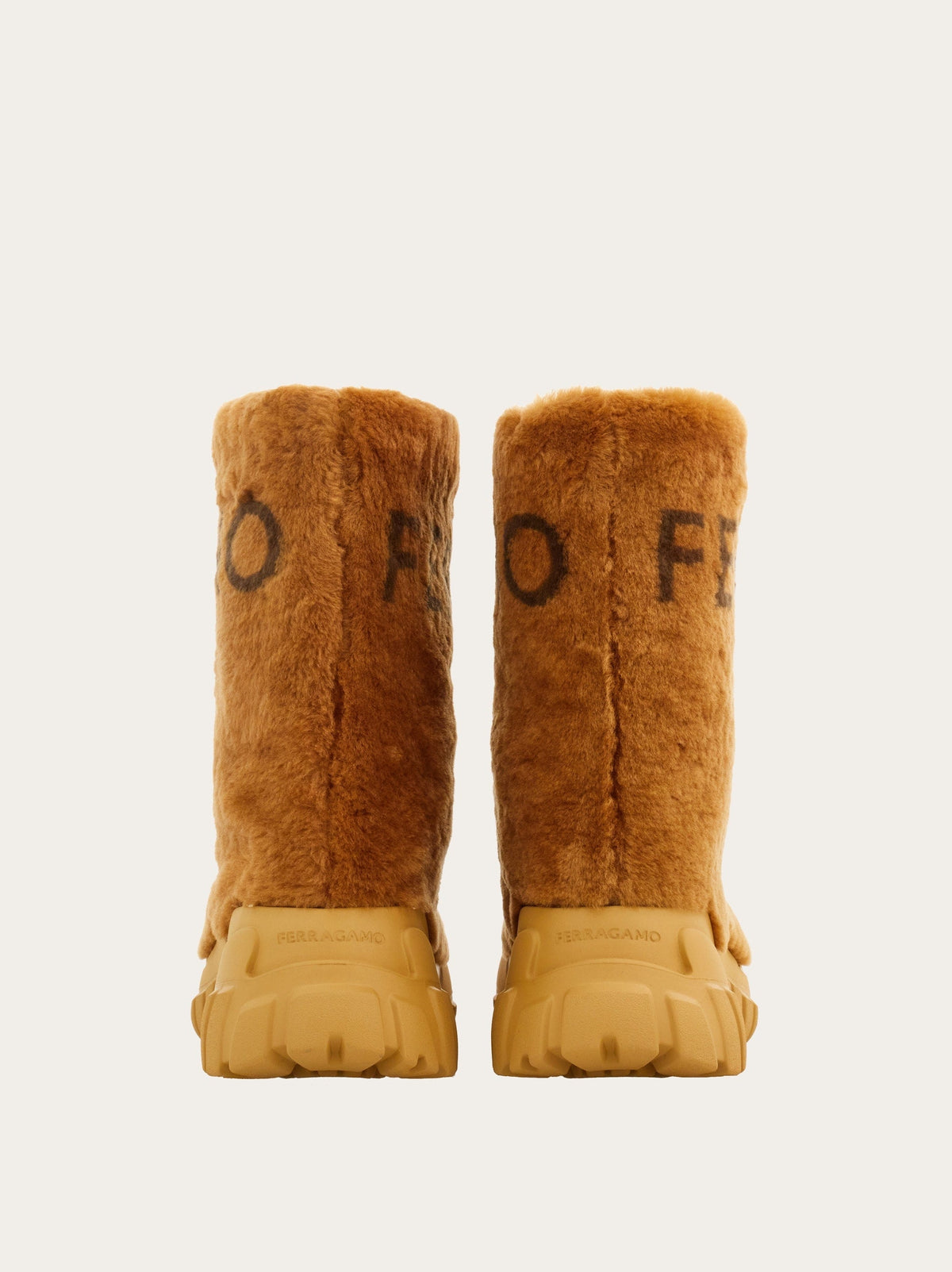 Medium brown shearling Delphi boot by Salvatore Ferragamo, rear view