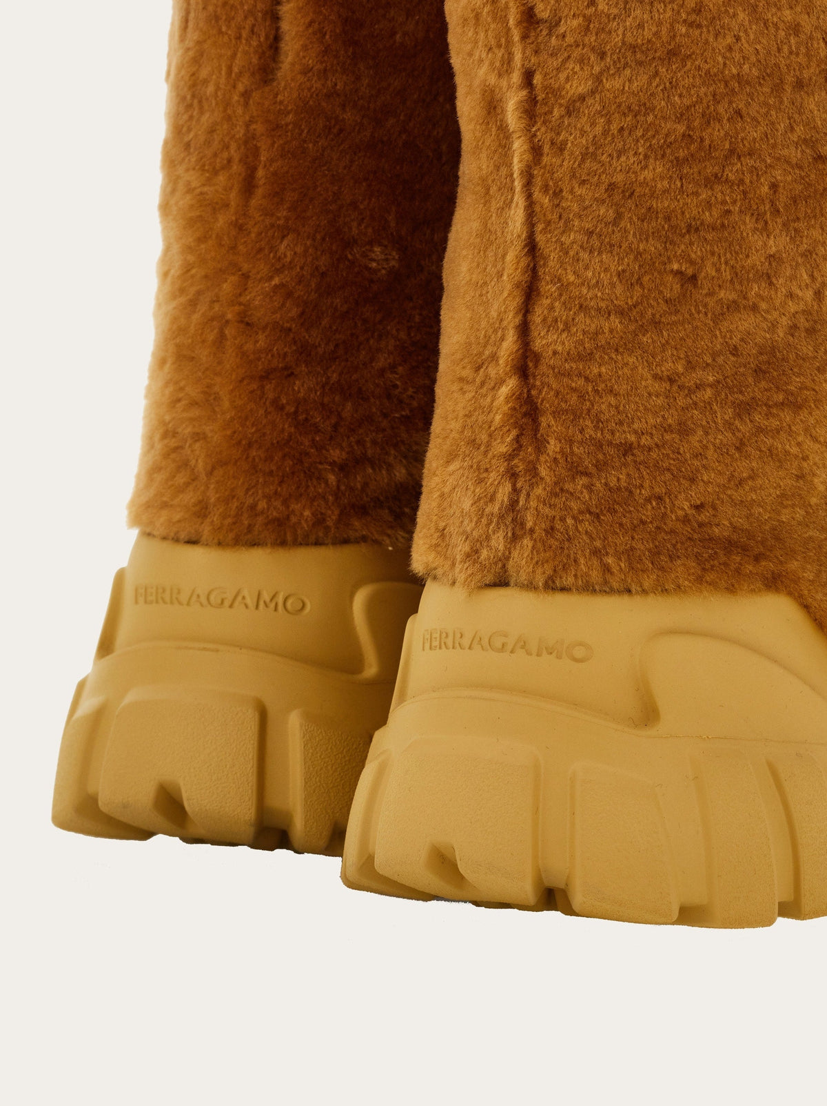 Medium brown shearling Delphi boot by Salvatore Ferragamo, three-quarter view