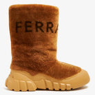 Medium brown shearling Delphi boot by Salvatore Ferragamo, close-up of shearling texture