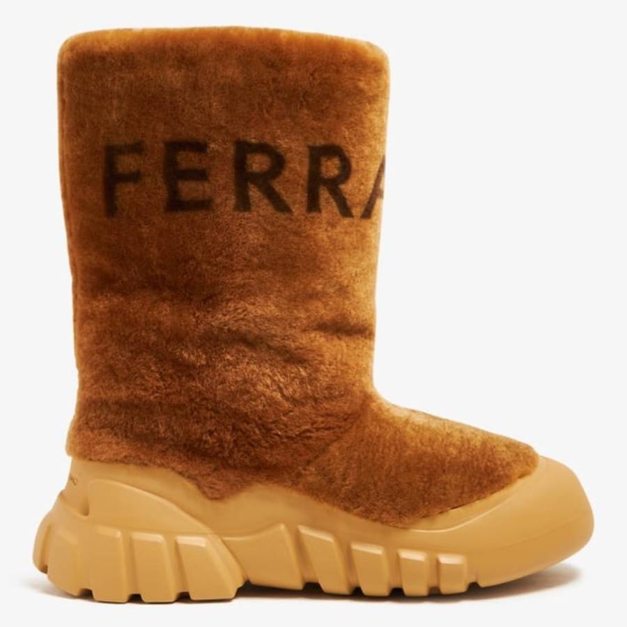 Medium brown shearling Delphi boot by Salvatore Ferragamo, close-up of shearling texture