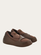 Medium brown Salvatore Ferragamo hybrid slip-ons showing branded tongue, front view