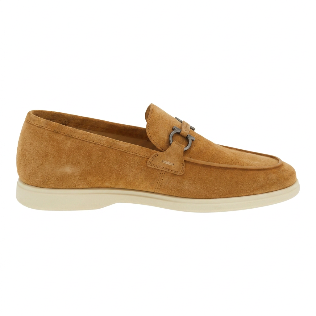Medium brown suede slip-on with double-ring ornament by Salvatore Ferragamo, side view