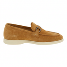 Medium brown suede slip-on with double-ring ornament by Salvatore Ferragamo, side view