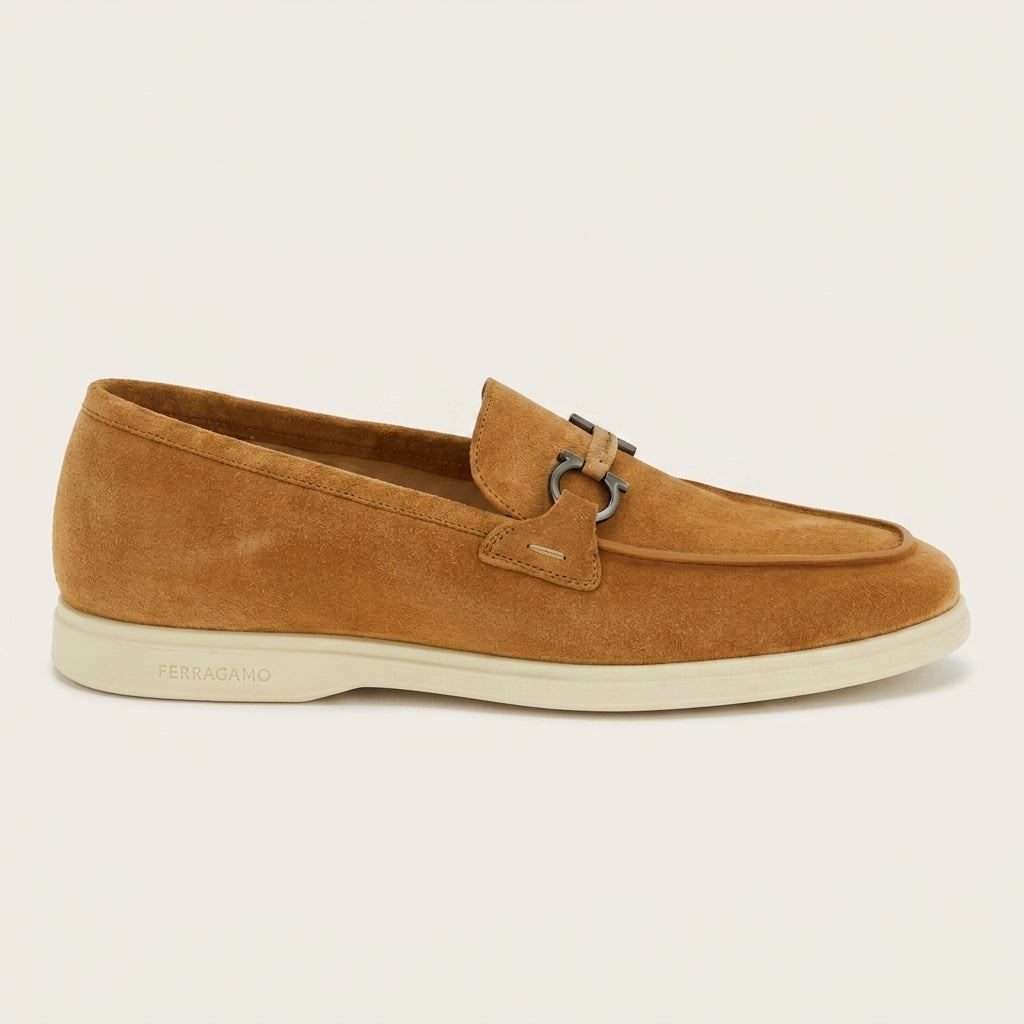 Medium brown suede slip-on by Salvatore Ferragamo, top view showing ornament hardware