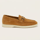 Medium brown suede slip-on by Salvatore Ferragamo, top view showing ornament hardware