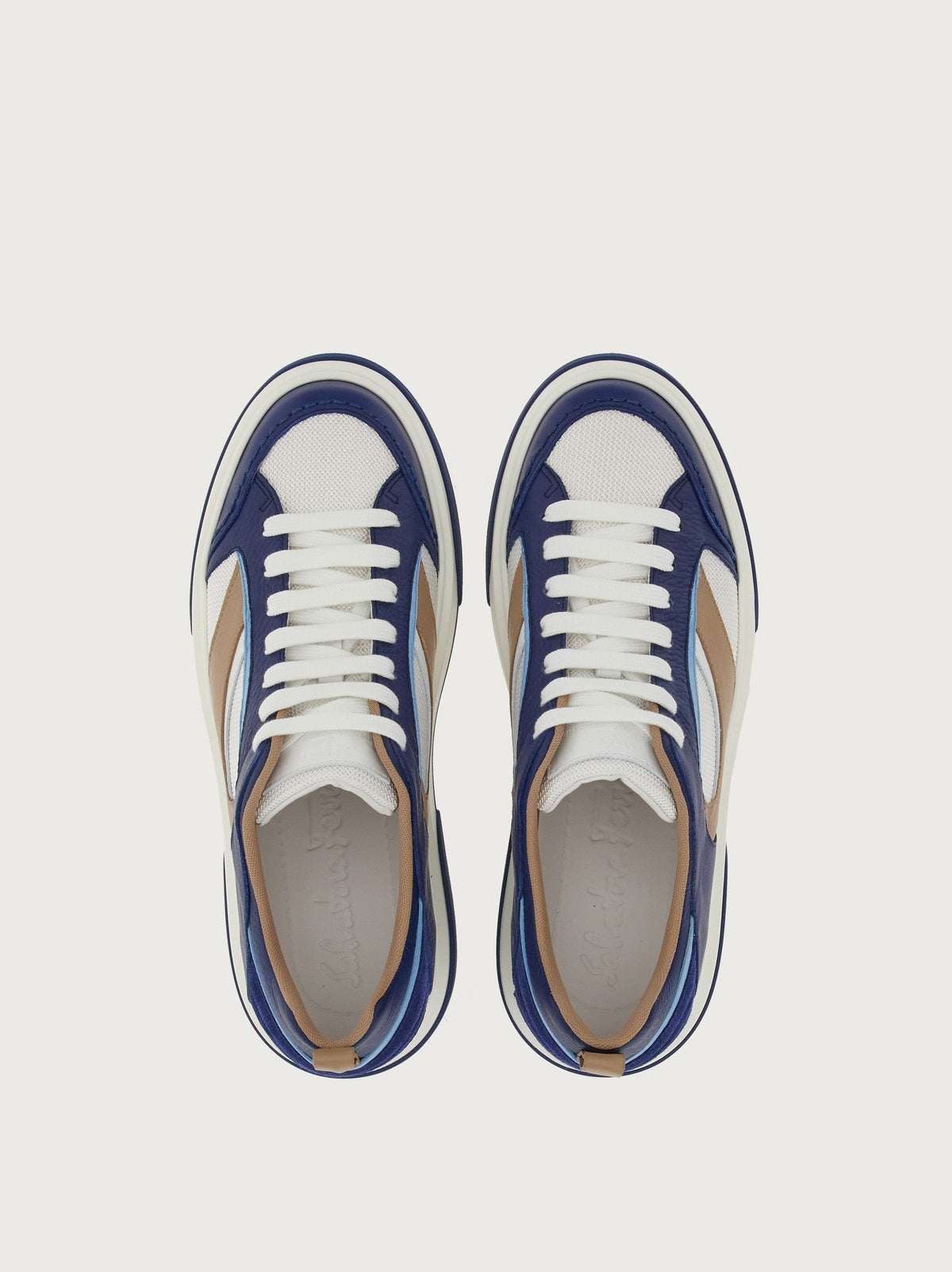 Navy blue Salvatore Ferragamo Cassina sneakers with suede rear panel, rear angle