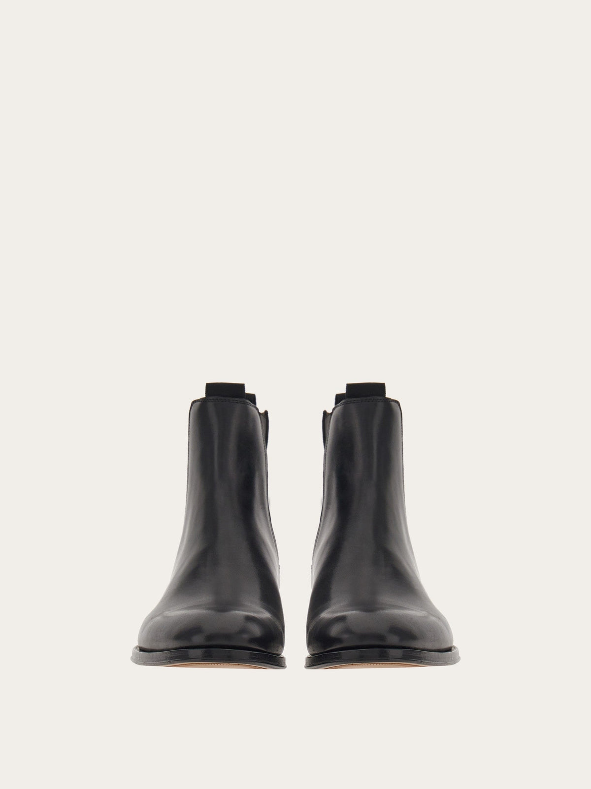 Black leather Chelsea boot by Salvatore Ferragamo, front angle