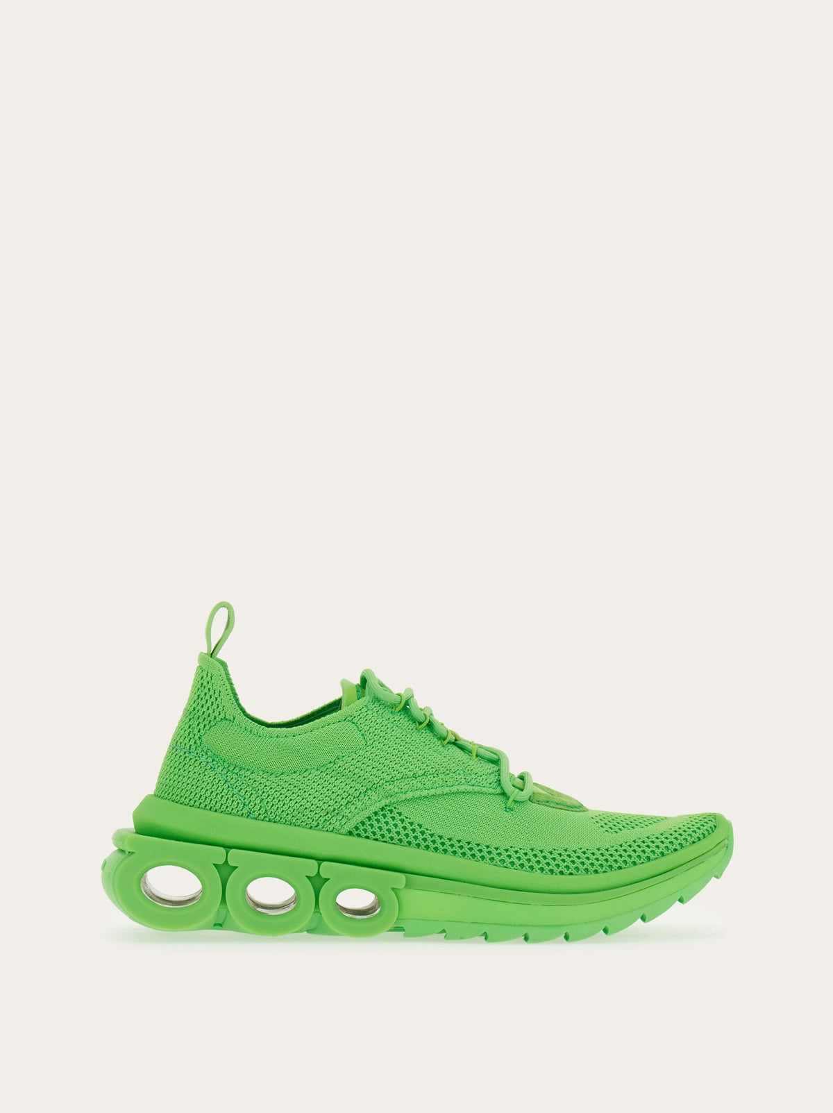 Neon lime green Salvatore Ferragamo Nima running sneakers, side view