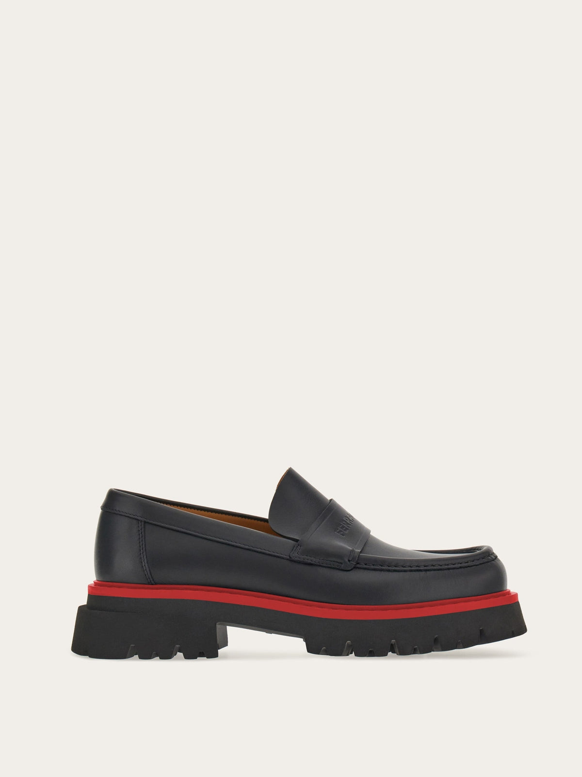 Black Salvatore Ferragamo Fergal leather loafer with logo strap, side view