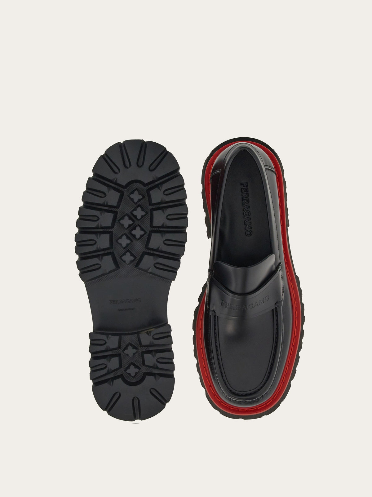 Black Salvatore Ferragamo Fergal loafer rear view showing heel construction