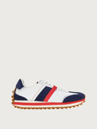 Blue color-blocked suede sneaker by Salvatore Ferragamo, side view