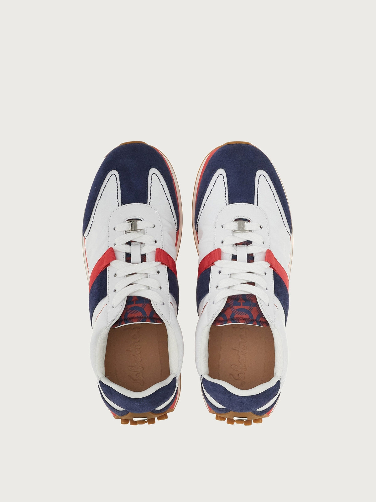 Blue Salvatore Ferragamo suede sneaker with chunky sole, front angle
