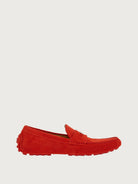 Red suede Salvatore Ferragamo Grenoble penny driver, side view