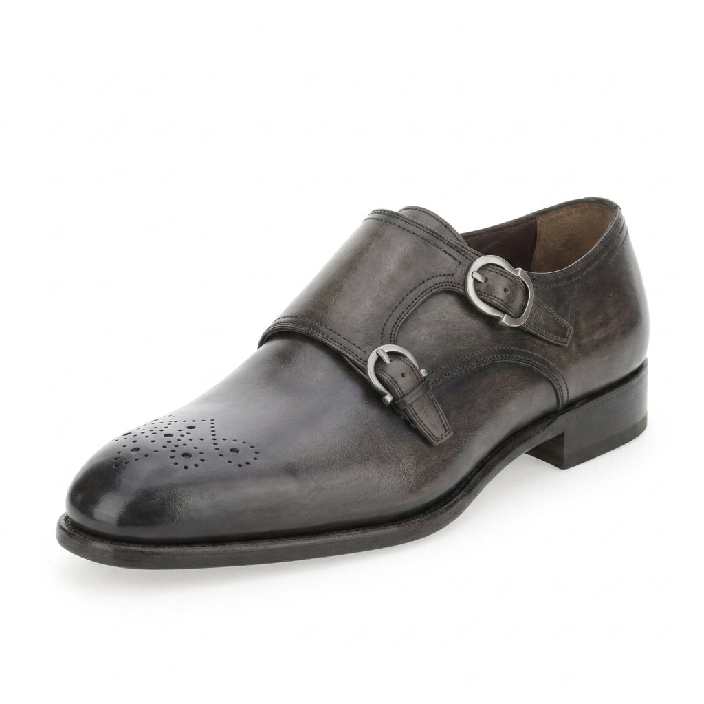Dark grey leather monk strap dress shoe by Salvatore Ferragamo, front angle
