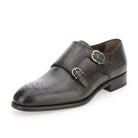 Dark grey leather monk strap dress shoe by Salvatore Ferragamo, front angle