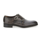 Salvatore Ferragamo grey monk strap shoe showing dual buckle closures, top view