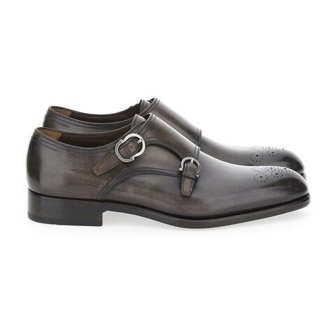 Dark grey Salvatore Ferragamo double monk strap with patina finish, rear view