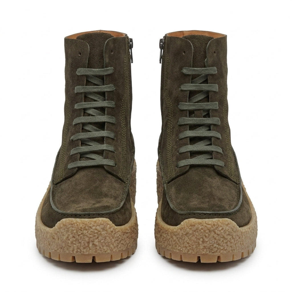 Dark brilliant green suede lace-up boot with moc-toe by Salvatore Ferragamo, side view