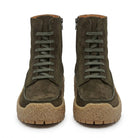 Dark brilliant green suede lace-up boot with moc-toe by Salvatore Ferragamo, side view