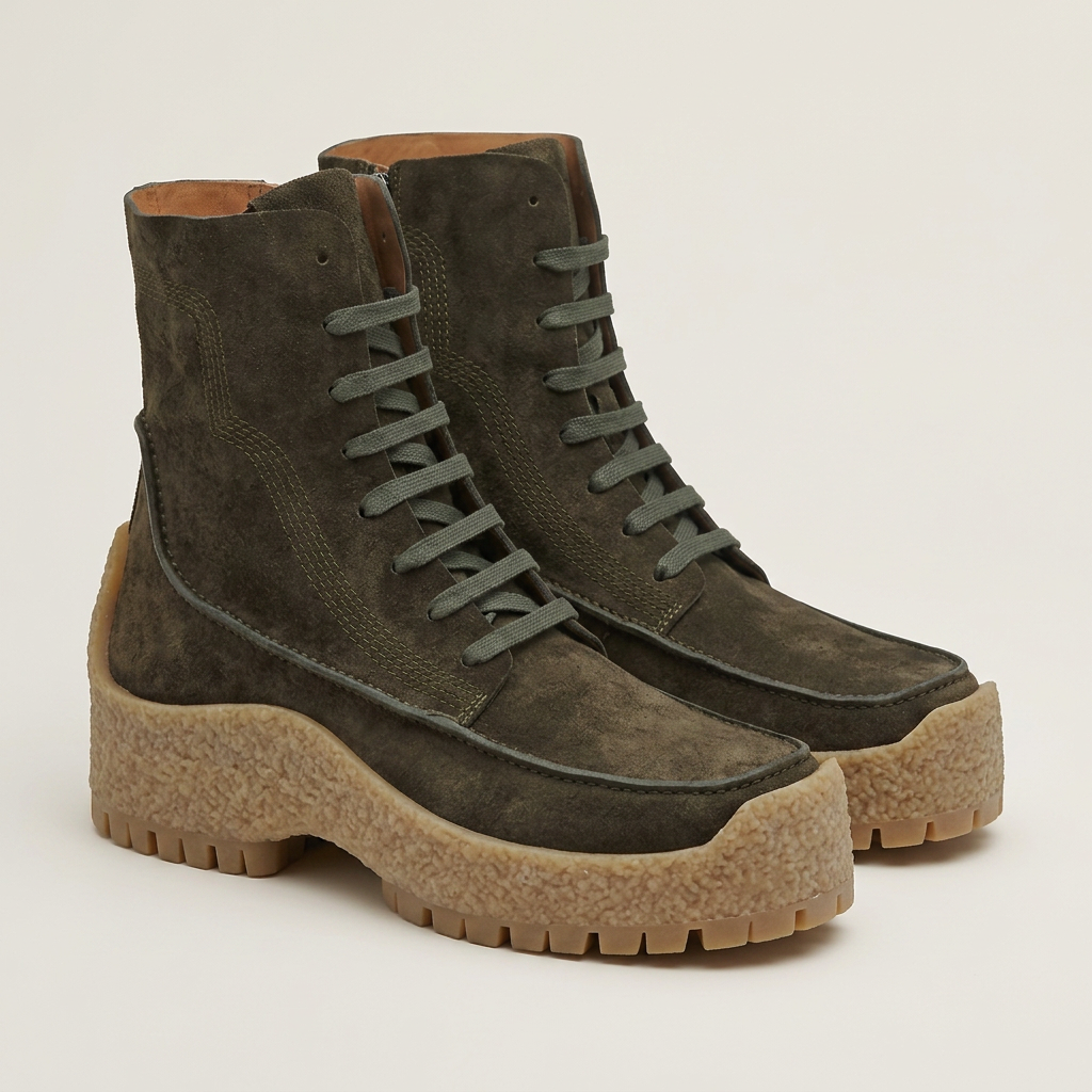 Dark brilliant green suede boot with tan lug sole by Salvatore Ferragamo, front angle