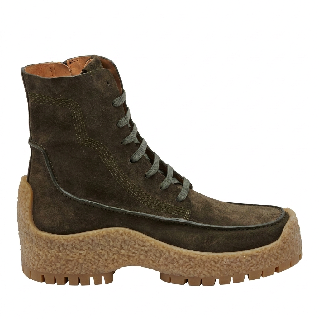 Salvatore Ferragamo green suede moc-toe boot, rear view showing lace-up detail