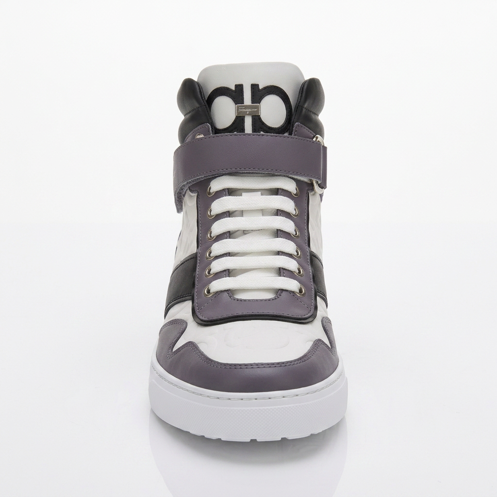 White and lavender-grey Salvatore Ferragamo high-top sneaker, opposite side view