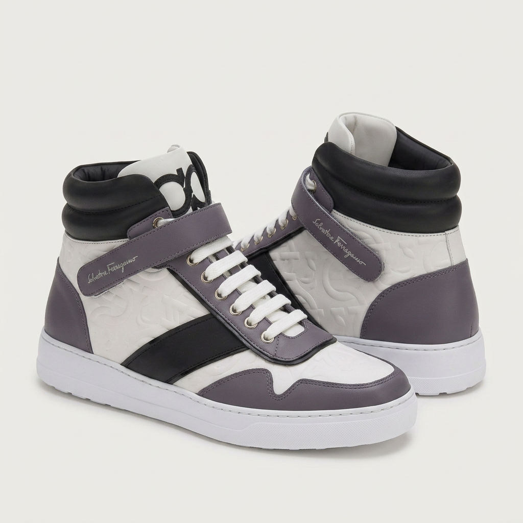 Salvatore Ferragamo high-top sneaker showing colorblock detail and lace-up closure