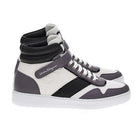 White and lavender-grey Salvatore Ferragamo high-top sneaker with black accents, side view