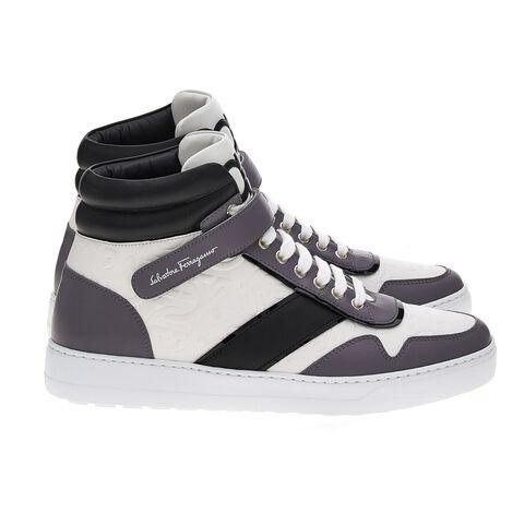 White and lavender-grey Salvatore Ferragamo high-top sneaker with black accents, side view