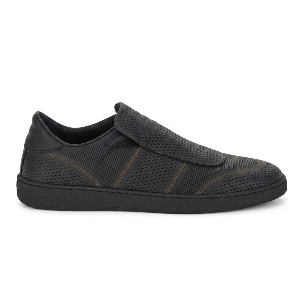 Salvatore Ferragamo Cibreo black leather sneaker showing wide strap detail, top view