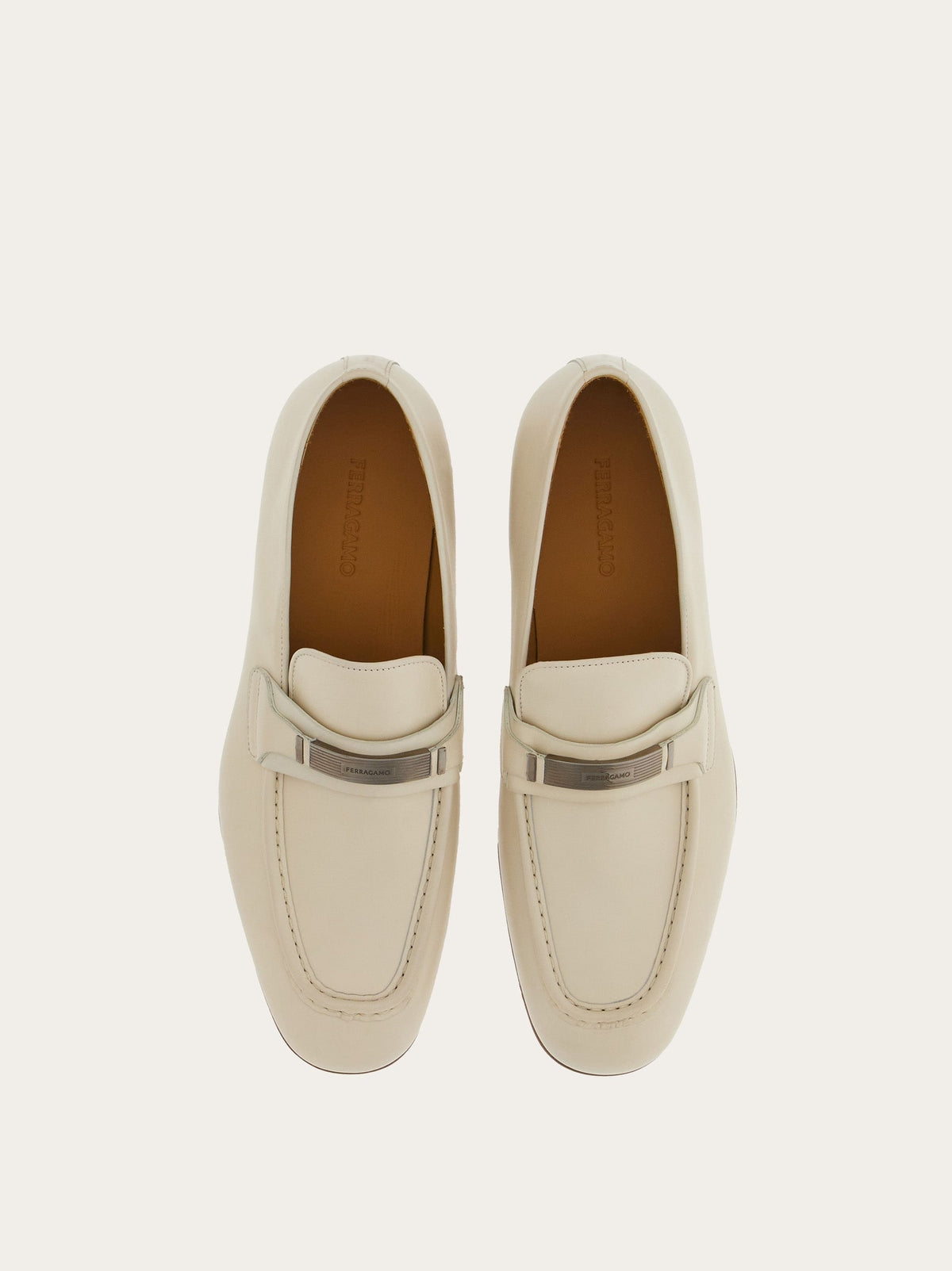 Salvatore Ferragamo cream leather moccasin, front three-quarter view