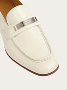 Salvatore Ferragamo off-white leather moccasin, top view showing vamp detail