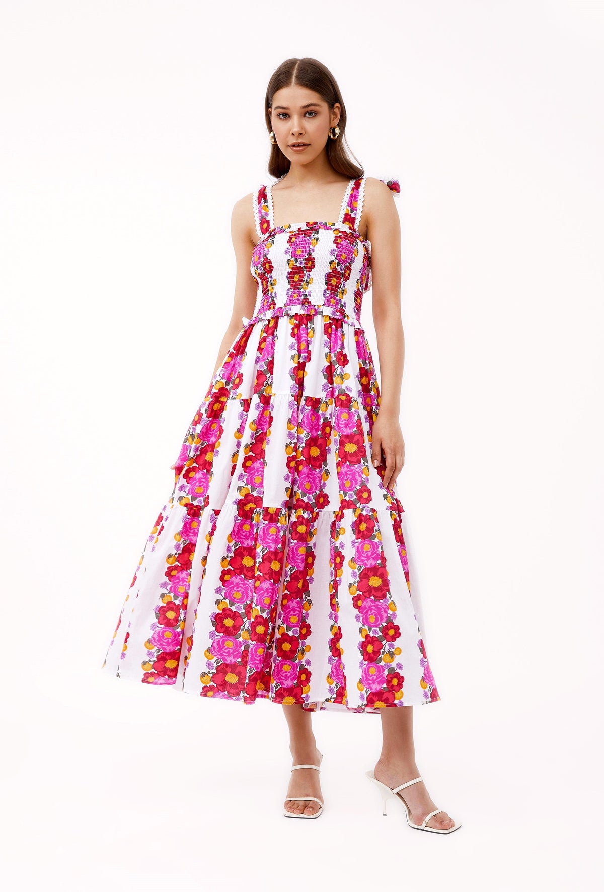 Floral Mia midi dress with tiered A-line silhouette, front view by Beyond by Vera