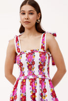 Floral midi dress with ruffle waist details, three-quarter view by Beyond by Vera
