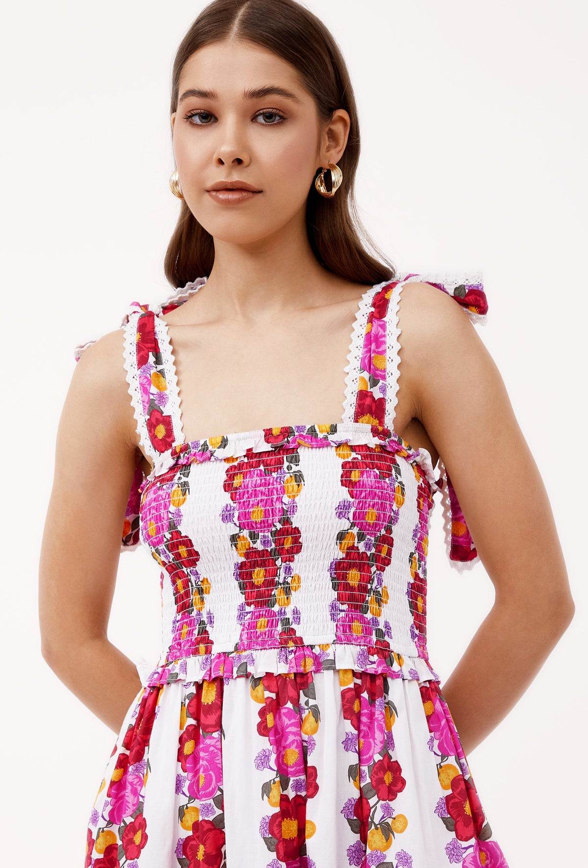 Floral midi dress with ruffle waist details, three-quarter view by Beyond by Vera