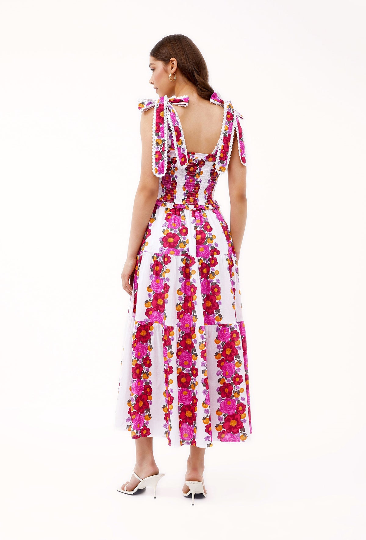 Floral cotton cambric dress with sleeveless design, rear angle by Beyond by Vera