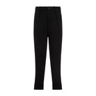 Black wool jogger pants showing zipper side pockets by Ralph Lauren Purple Label, side angle
