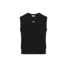 Black Celine sleeveless wool top with mini logo patch, detail view