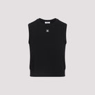 Black Celine sleeveless wool top with ribbed edges, side view