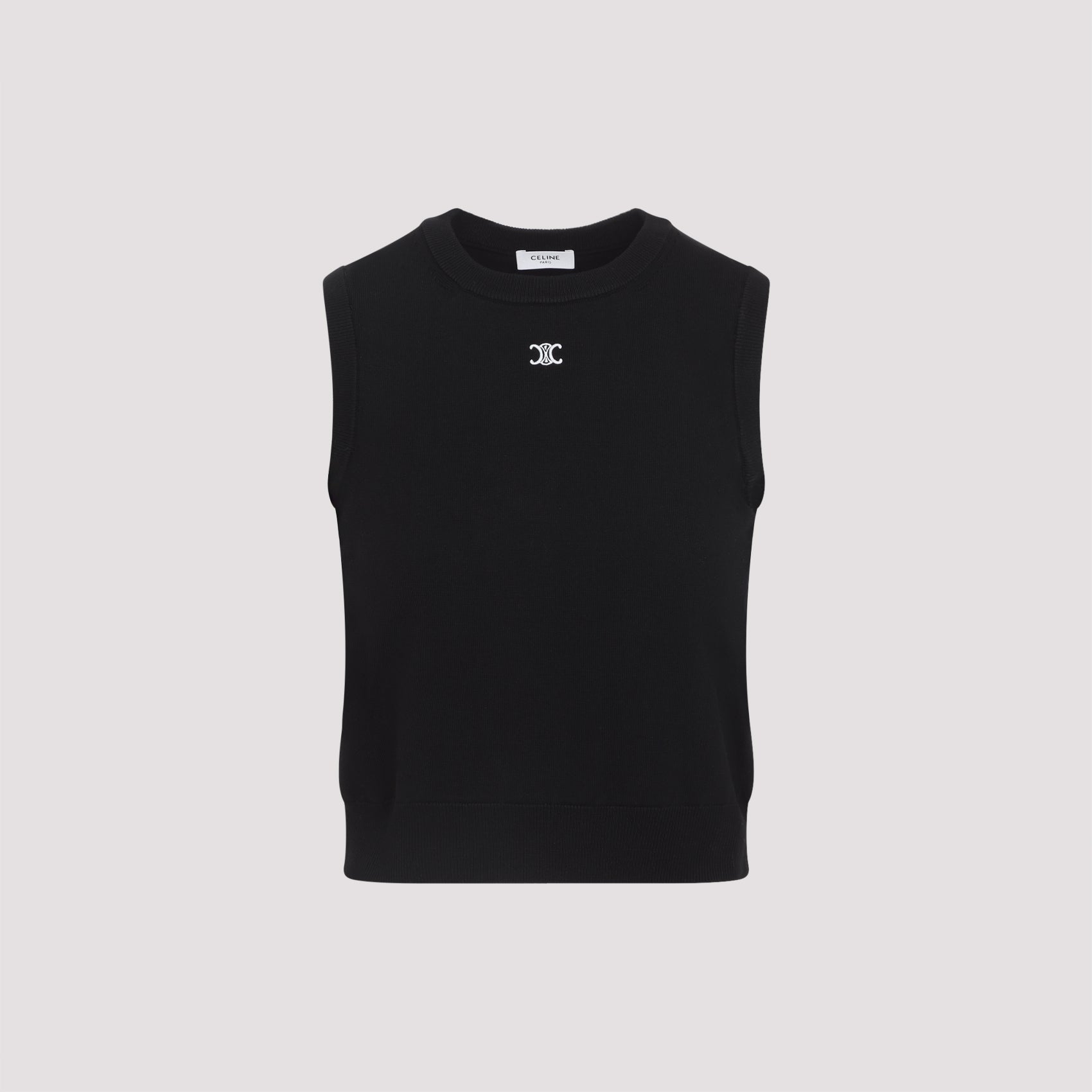 Black Celine sleeveless wool top with ribbed edges, side view